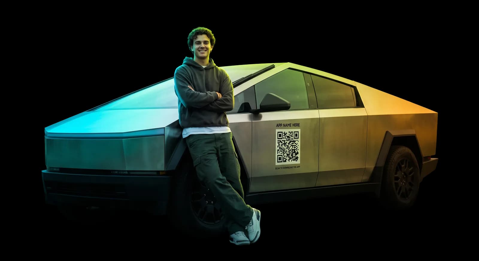 A marketer leaning against a branded Cybertruck, the QR code on its door carrying the campaign tag so a scan at an event arrives attributed
